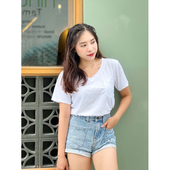 Áo thun trơn cổ tim kiểu dáng trẻ trung chất cotton