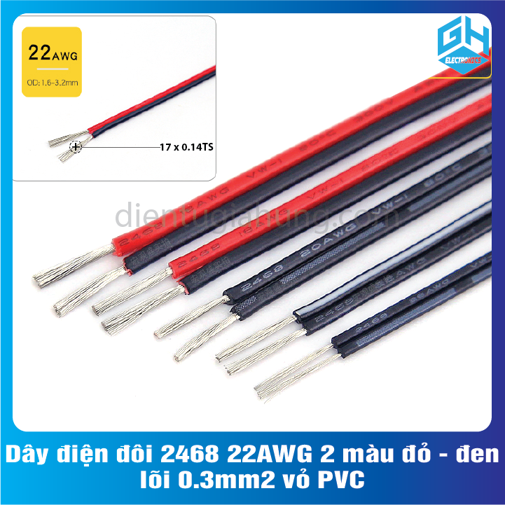 Dây điện đôi 2468 22awg 2 màu đỏ - đen lõi 0.3mm2 vỏ pvc