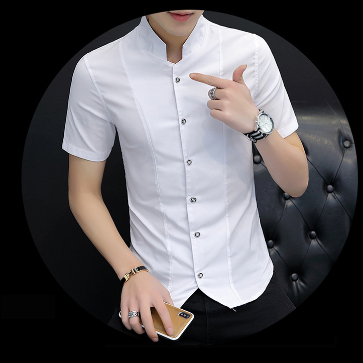 Áo sơ mi, áo sơ mi nam trơn màu ngắn tay mùa xuân và mùa hè cá tính mỏng nhẹ giản dị lưới màu trắng đen cổ đứng . Mã - N20