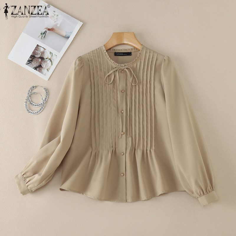 ZANZEA%20Korean%20Style%20Women%20Office%20Pleated-Bib%20Shirts%20Lace-Up%20Ruffled%20Crew%20Neck%20Long%20Sleeve%20Plain%20Tops%20-%20Image%205