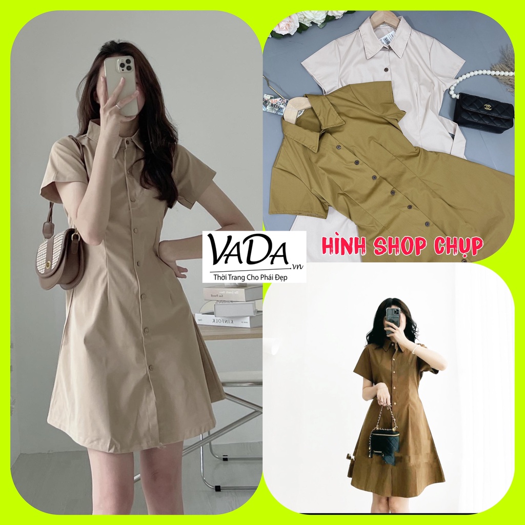 Váy Đầm Sơ Mi Thô Ngắn Tay Cổ Đức kèm dây thắt eo
