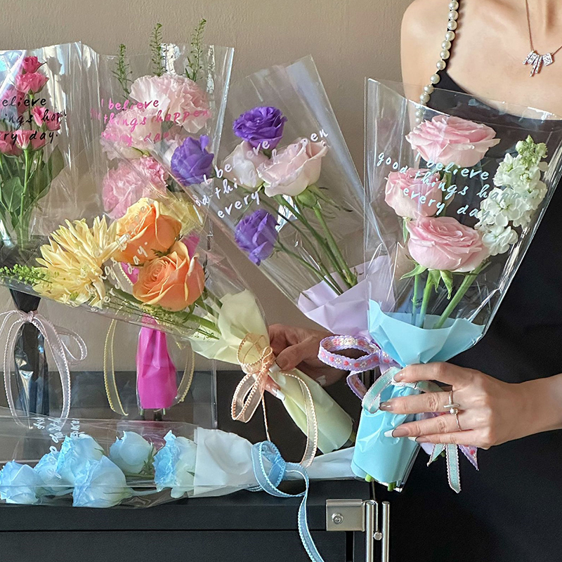 10pcs Single Rose Sleeves Flower Wrapping Bag Bouquet Packaging Bags Clear Cellophane Floral Wrappers For Valentine's Day. 