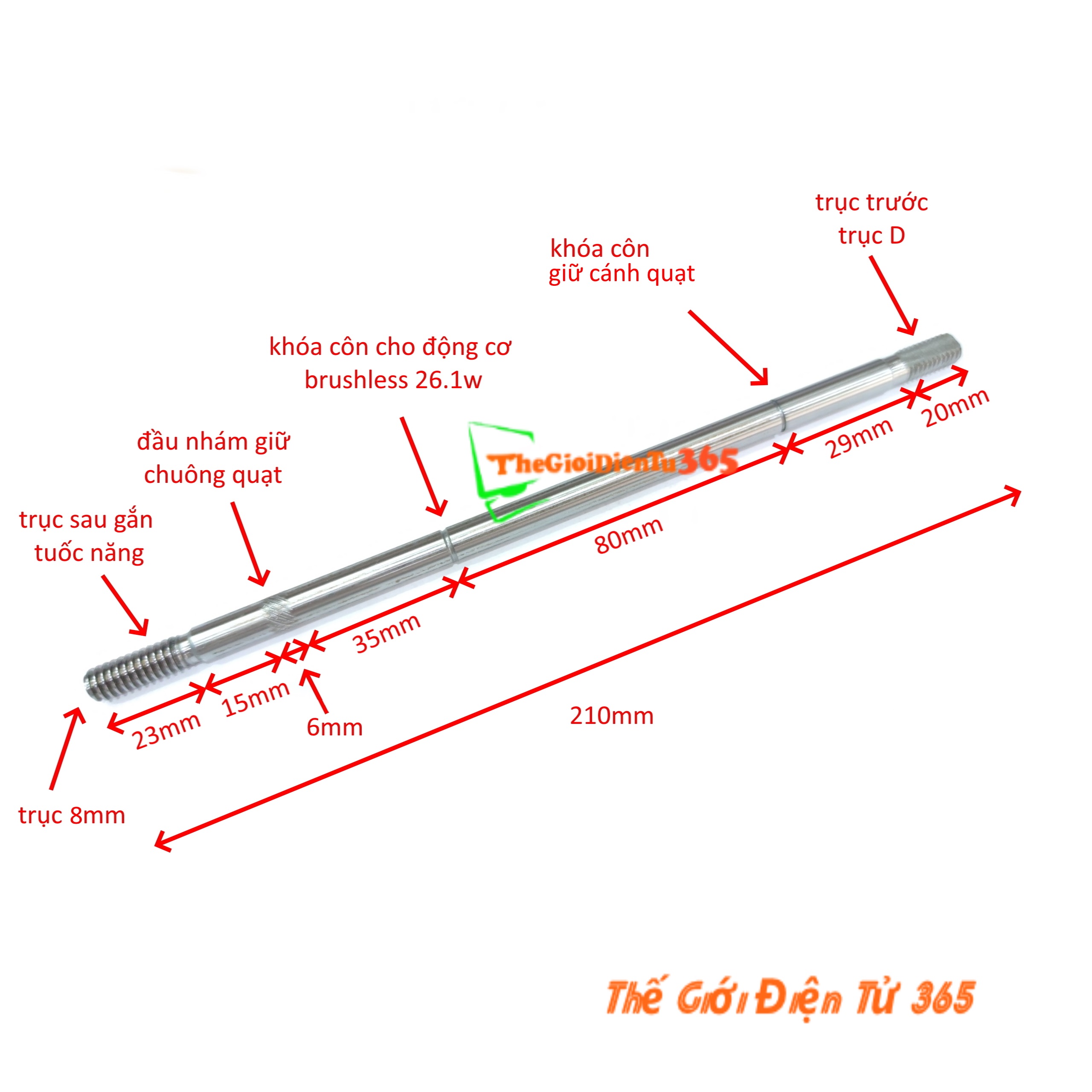 Cốt trục quạt chế cho động cơ brushless 21.6w trục 8mm dài 210mm