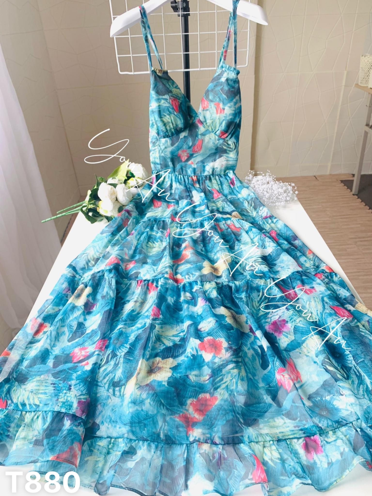Maxi lụa nữ 2 dây đi biển voan hoa chingfon có mút T880