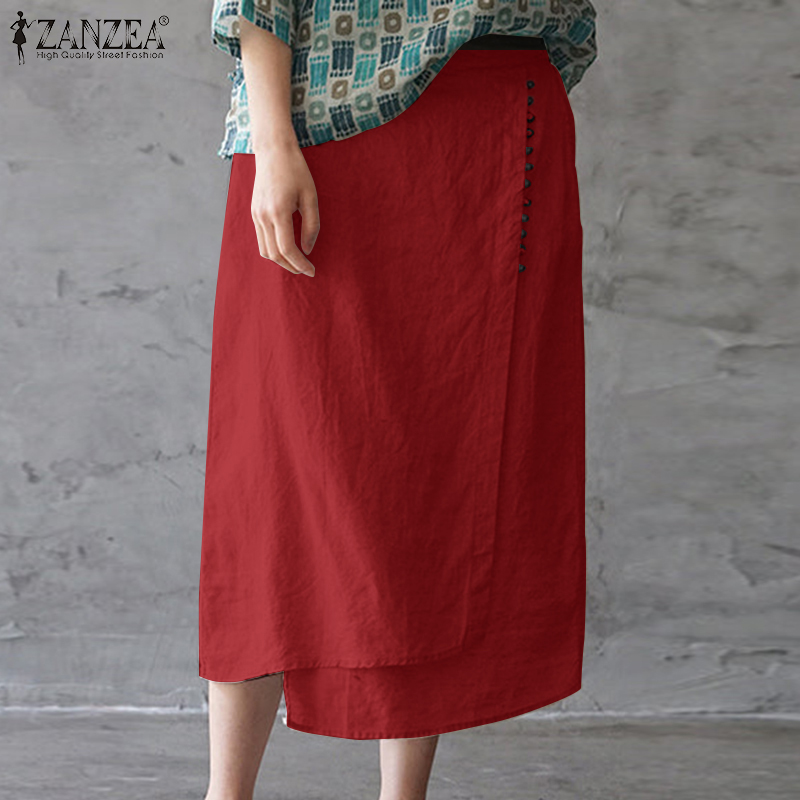 Momonaco zanzea womens vintage loose irregular overskirts cotton linen elastic waist plain a-line skirts #8