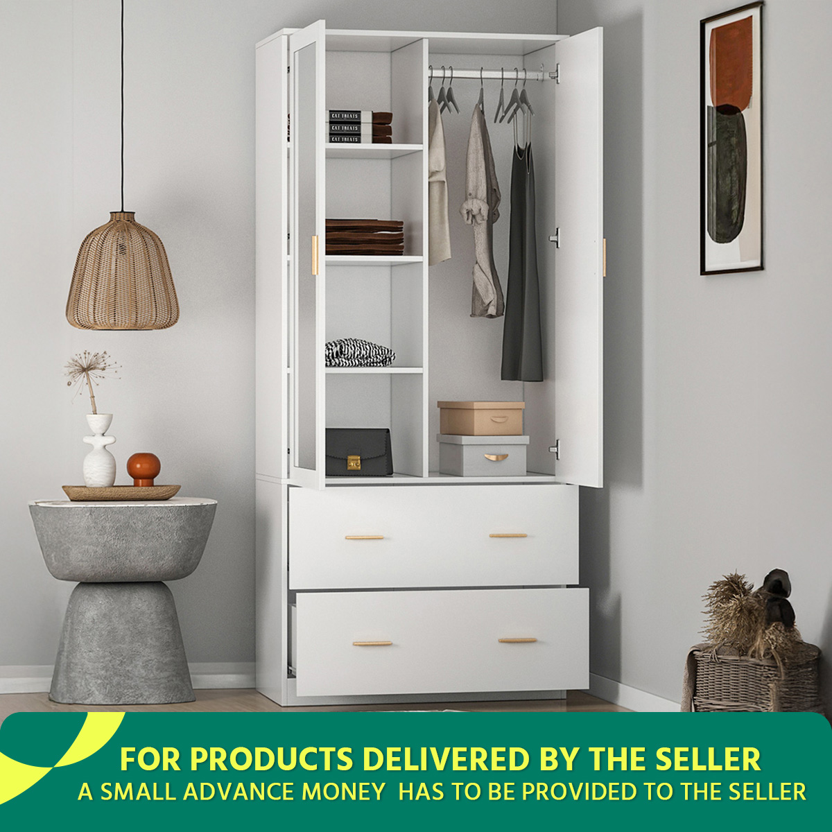 2 Door Almira with 2 Drawer | Cupboard Almirah | 2 Door Engineered Wooden Almirah by Furnisha Decor.