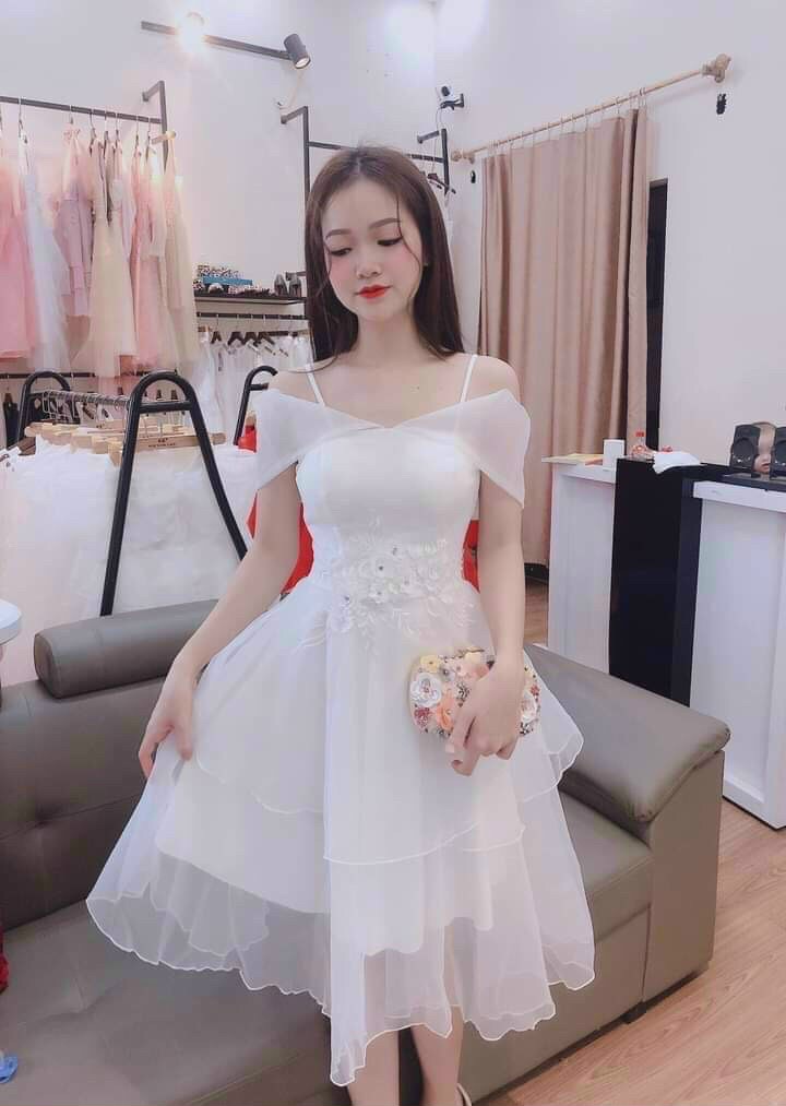 Đầm lưới tầng xòe bẹt vai Hvy