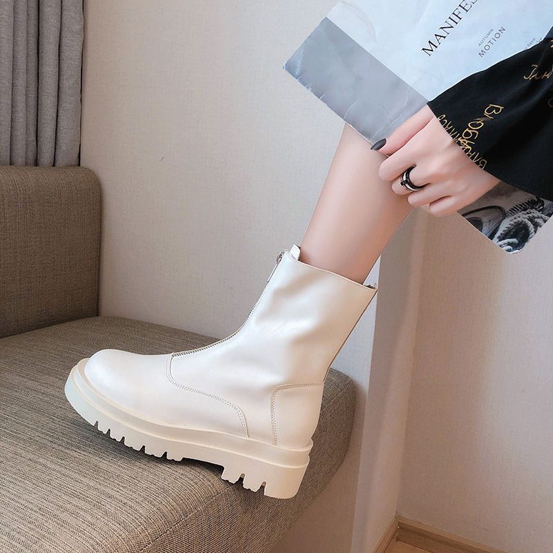 Fuyixuan 2023 Mùa xuân và mùa thu Boutique nữ Oceanic ins Tide mới lưới đỏ trắng gầy khởi động ngắn màu sắc cao giày đế dày thời trang