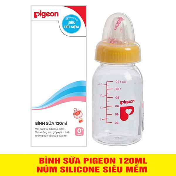 Bình sữa Pigeon cổ hẹp nhựa PP tiêu chuẩn 120ml (có van chống sặc) - bình sữa cổ nhỏ nhựa PP - binh sua co thuong cho be