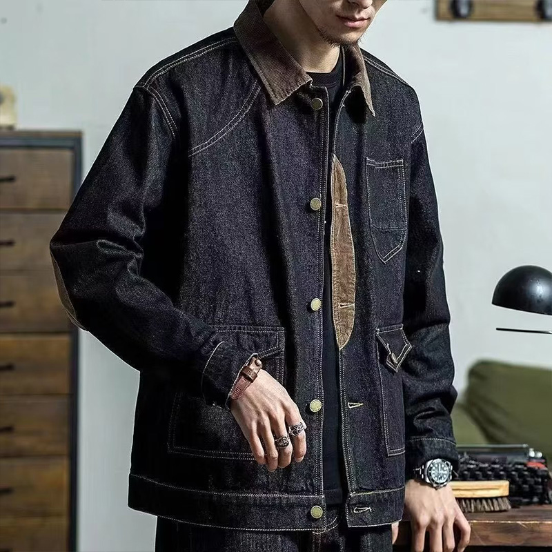 MAYCHEER Men's simple lapel dark blue denim jacket Loose Japanese style jacket with pockets