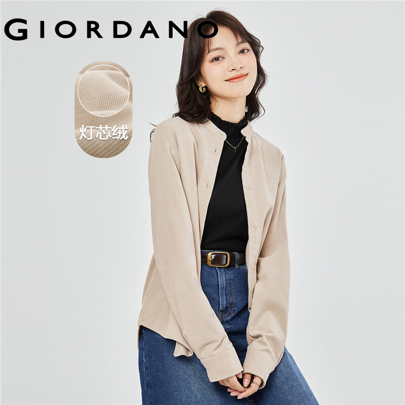 Giordano women shirts stand collar 100% cotton corduroy shirts long sleeve solid color simple fashion casual shirts 05343860