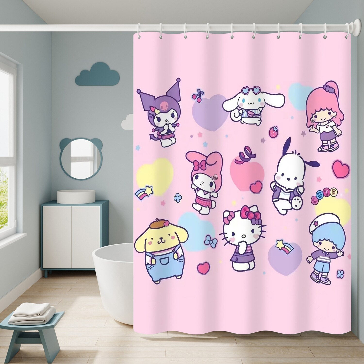 Cute Pink Hello Kitty Shower Curtain Waterproof Bathroom Decor with 10 Hooks