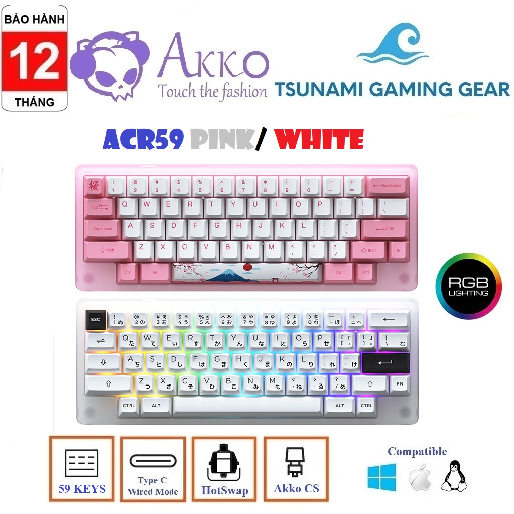 Bàn phím cơ AKKO ACR59 White (Trắng)/ Pink (Hồng) Hotswap / RGB / AKKO CS Jelly switch - BH 12 tháng