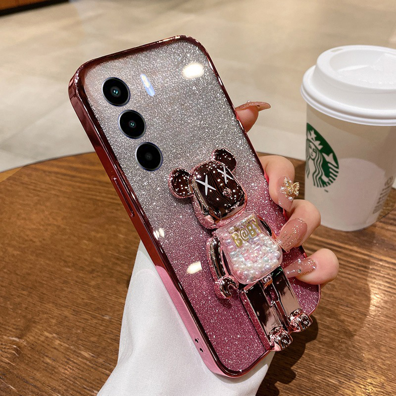 New Phone case itel Power 70 A50C Back cover with Cartoon 3D Bear Stand Luxury Slim Gradient Plating Glitter Girls Stylish For itel A50C P70 Power 70 case. 