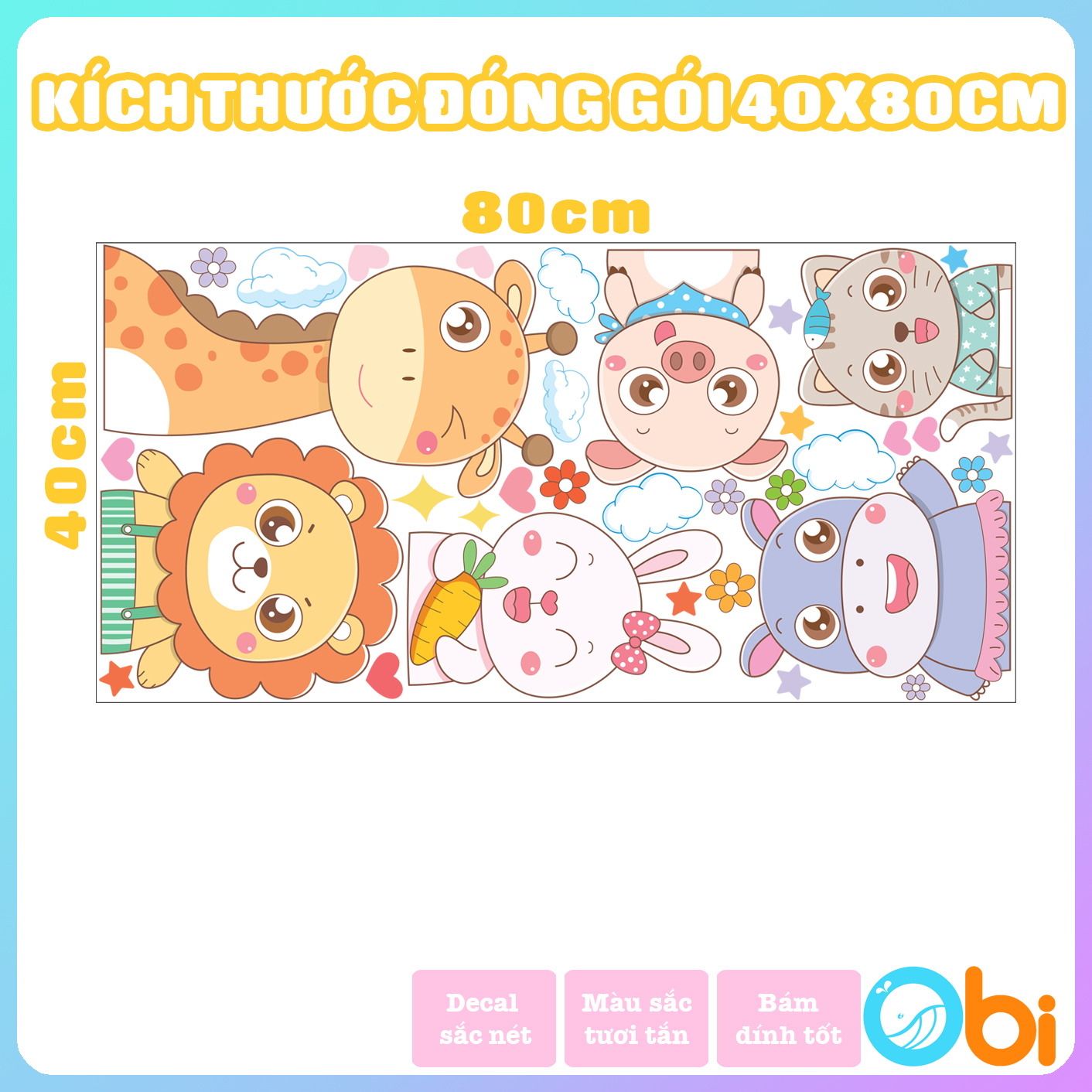 Decal dán tường cho bé  - Decal động vật vui vẻ Obi