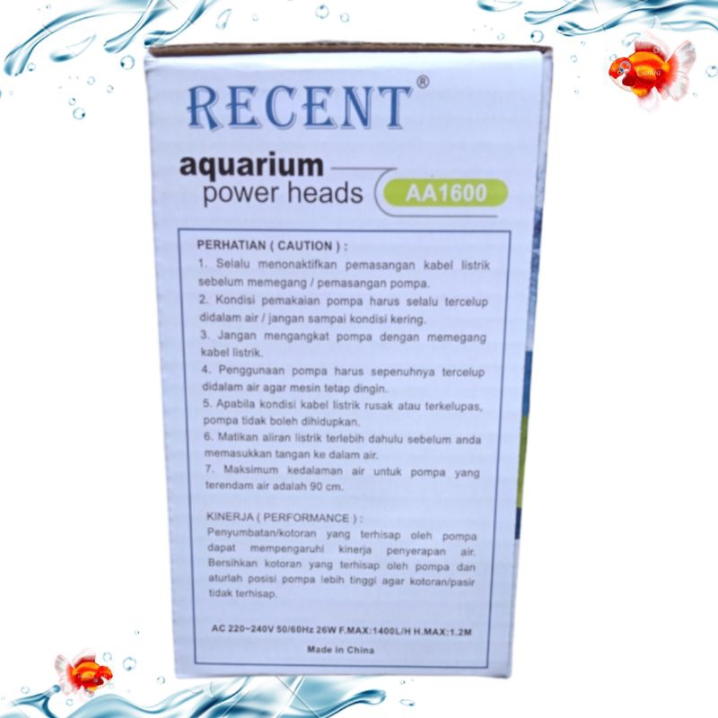 RECENT AA 1600 Pompa aquarium kolam hidroponik