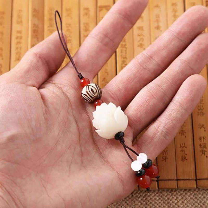 Vintage Handmade Carved Bodhi Lotus Flower Keychain Simple Beaded Key Chains Watty Store. 