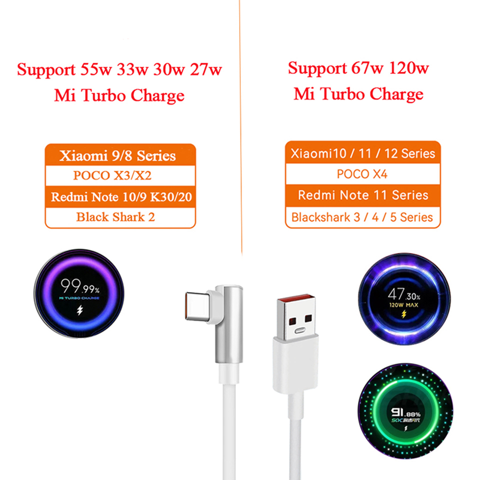 Xiaomi 120W 6A USB Type C Fast Charging Cable 90 Degree Elbow Game Kable For Mi 12 11 Pro Poco F4 Redmi K50 Black Shark Charger. 