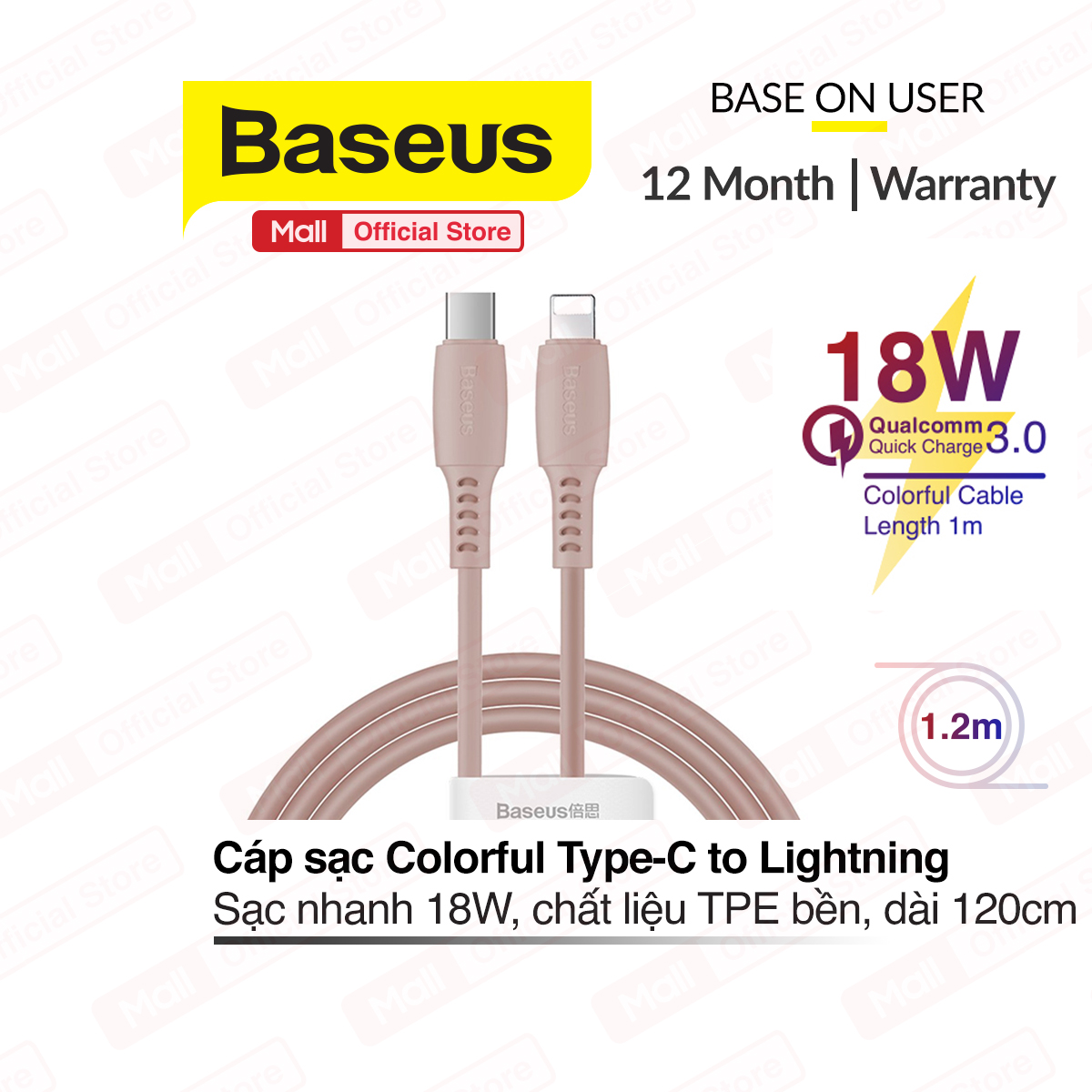 Cáp Nhiều Màu Sắc BASEUS Sạc Nhanh 18W Truyền Dữ Liệu Từ Type-C Sang Lightning dài 120CM