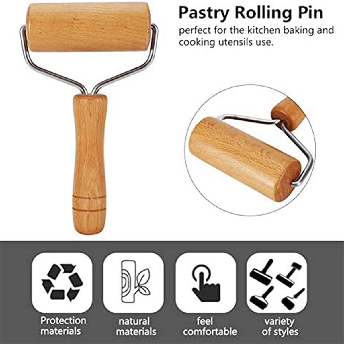 Small Rolling Pin, Wooden Dough Roller, Non-Stick Pizza Roller, Dough- Roller Set for Home Kitchen Baking Cooking Durable Easy to Use