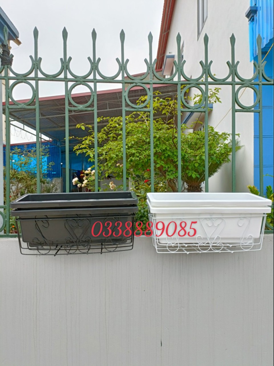 Combo 4 món chậu và giá treo 48x20x16 chậu trồng cây hoa, giá sắt treo ban công