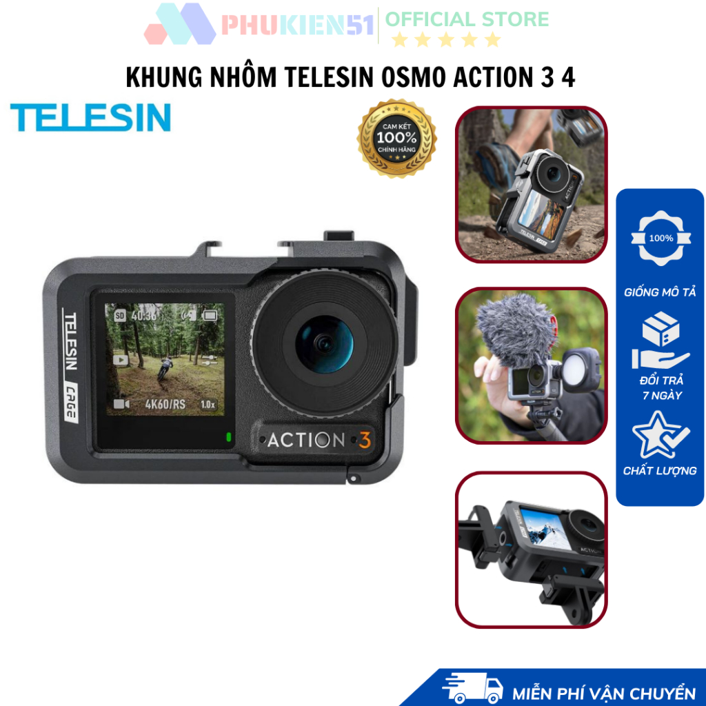 Khung hợp kim nhôm TELESIN bảo vệ Dji OSMO ACTION 3 4 Chuyên Dụng, cứng cáp