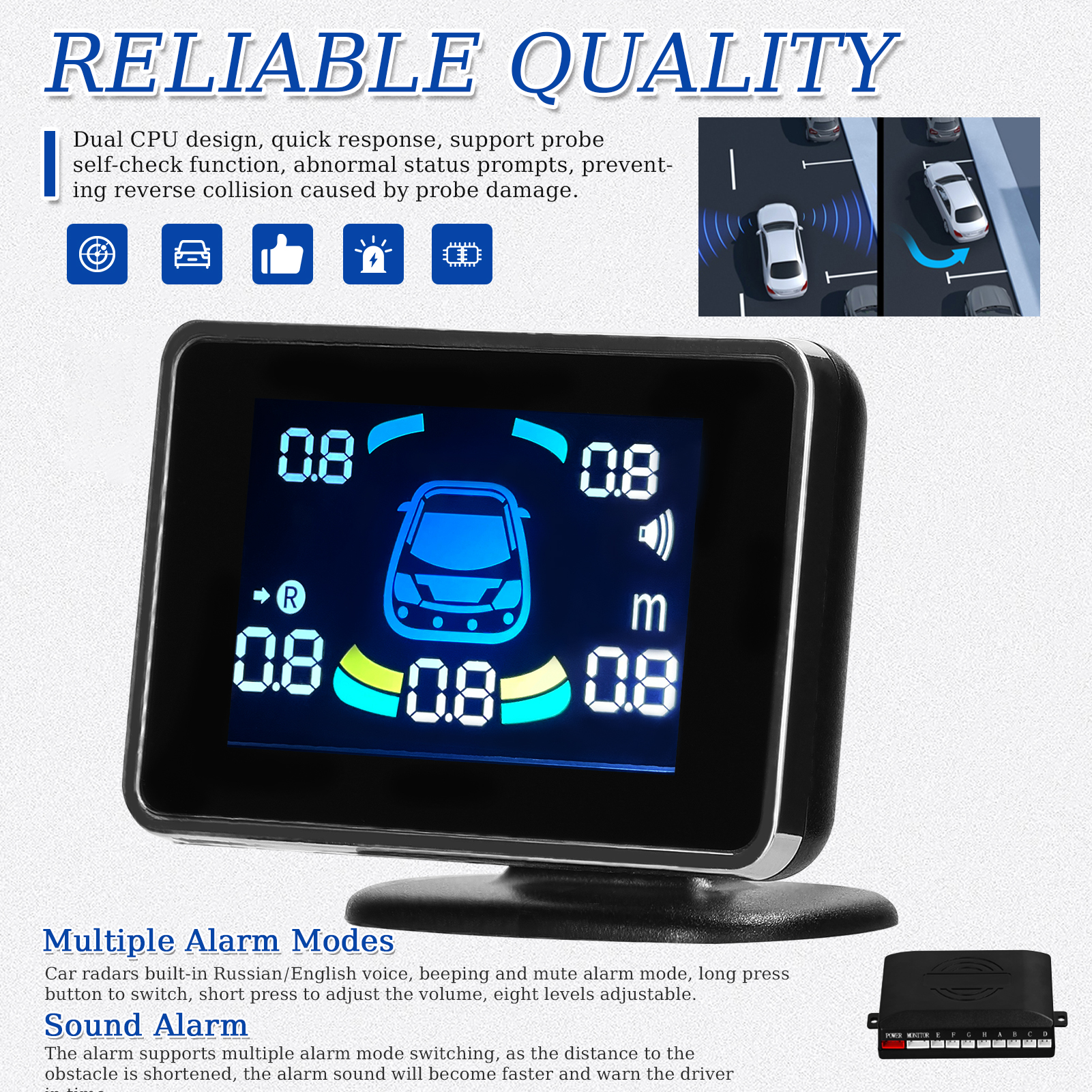Car Parking Sensor Reversing Radars System Front & Rear Support Sound Warning/Buzzer/Mute with 8 Parking Sensors Distance Detection LCD Distance Display Volumes Adjustable