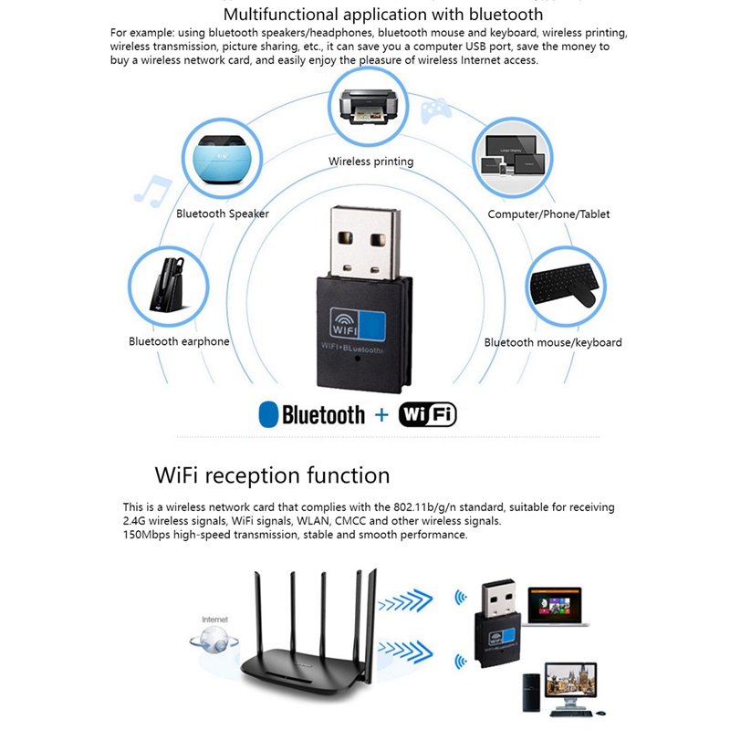 USB WiFi Bluetooth Adapter, Bluetooth 4.2 150Mbps Wifi Dongle Network Card, Wifi Bluetooth Receiver Transmitter