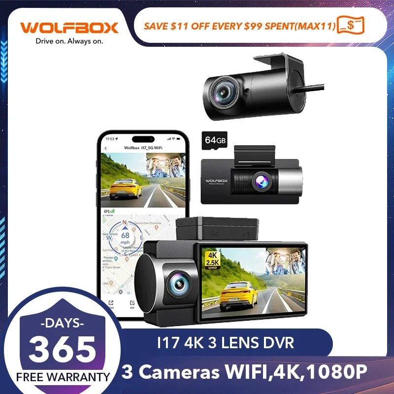 WOLFBOX i17 Dash Cam Front Inside 4K+2.5K 5G WiFi Dual Dash Camera