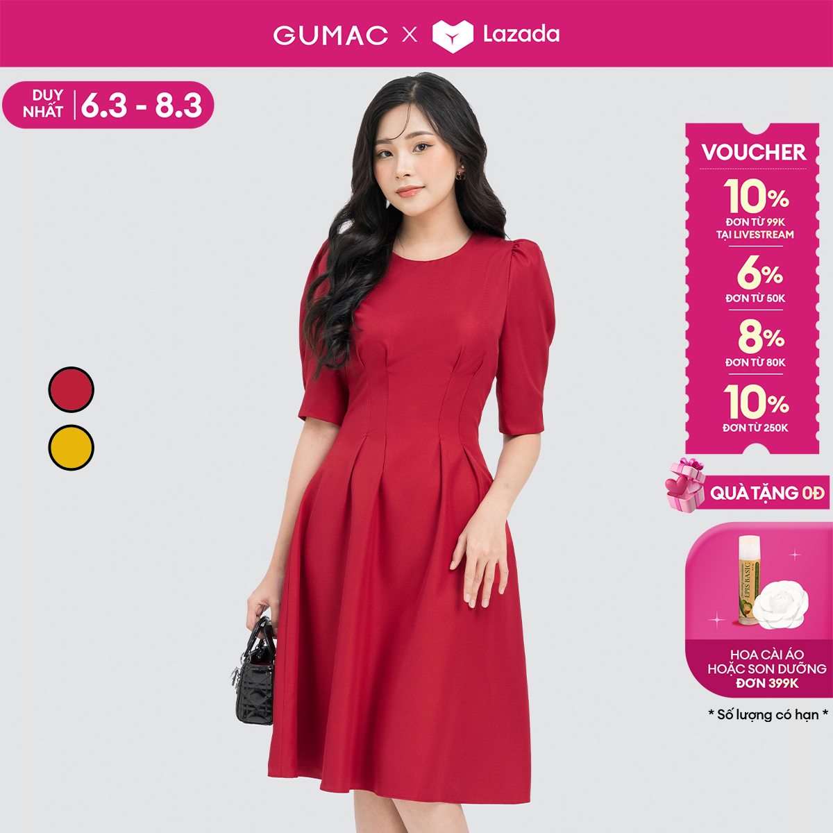 [15 - 17.6 |Voucher 8-15%] Đầm nữ tay phồng chiết ly GUMAC LDE0606