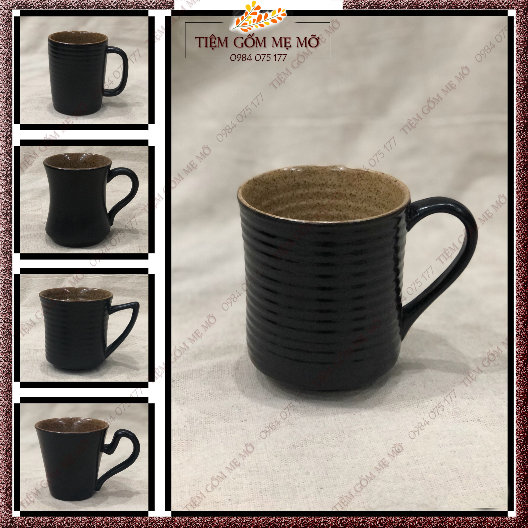Ly cốc uống nước tách trà cà phê sứ có quai có nắp men đen lòng nâu gốm phong cách Nhật Bản gốm sứ Bát Tràng
