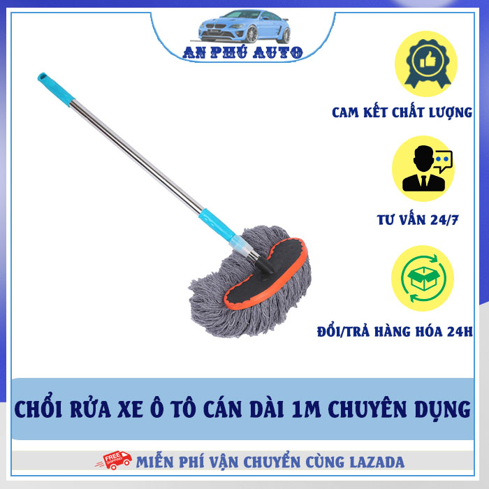 Chổi rửa xe ô tô cán dài 1m đầu xám, đầu chổi bọc viền cao su chống xước sơn xe, cán có thể thu ngắn 60 - 100cm