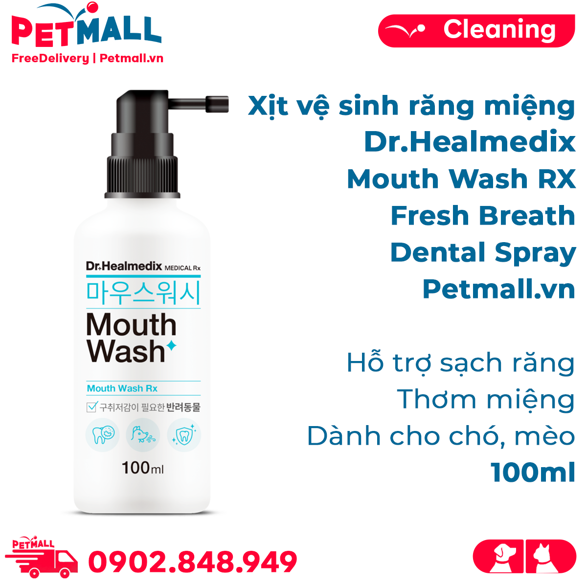 Xịt vệ sinh răng miệng Dr.Healmedix Mouth Wash RX Fresh Breath Dental Spray 100ml - Hỗ trợ sạch răng thơm miệng cho chó, mèo Petmall