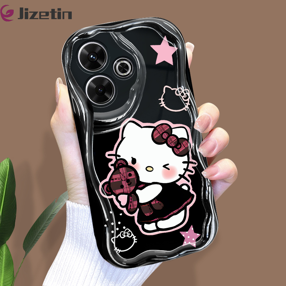 Jizetin for Redmi 13 Xiaomi Poco M6 4G Back Cover Sweet Cool KT Cat Cream Wavy Edge Soft Silicone Phone Case.
