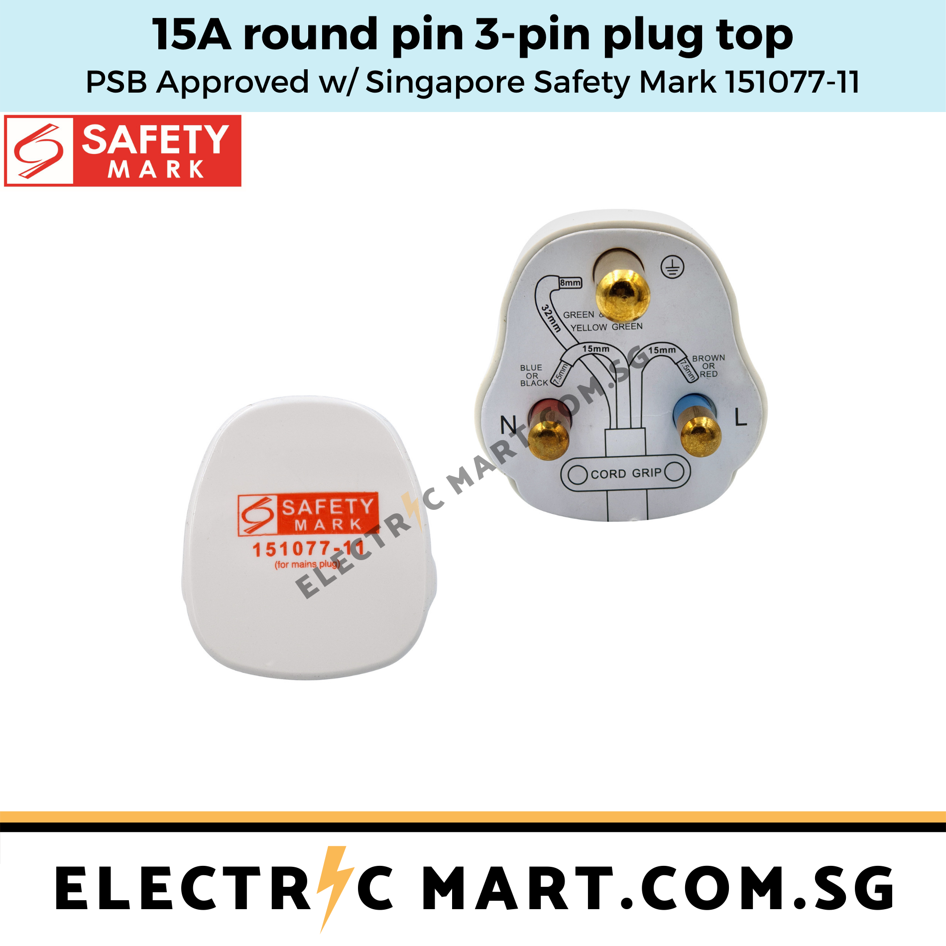 15A Round Pin 3 Pin Plug Top Singapore Malaysia Rewireable Adapter ...