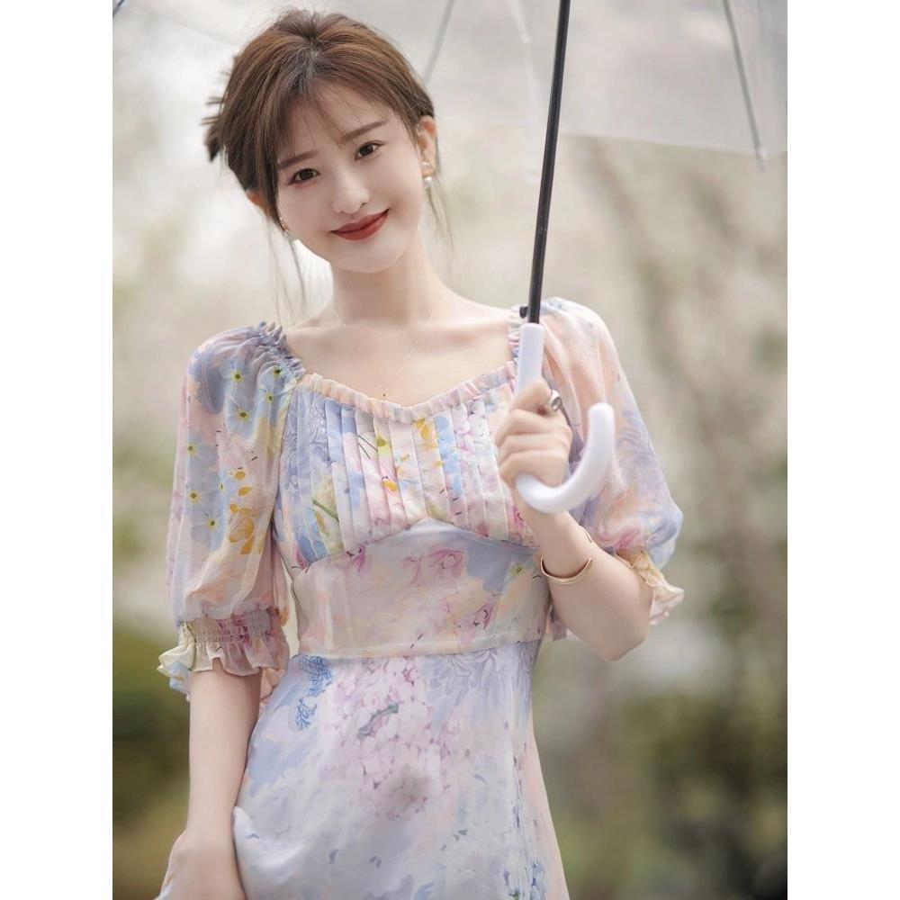 Korean New Style: Elegant and Exquisite Purple Floral Dress with Tea-length Design, Creating a Gentle and Sophisticated Vibe for a High-end, Noble Look