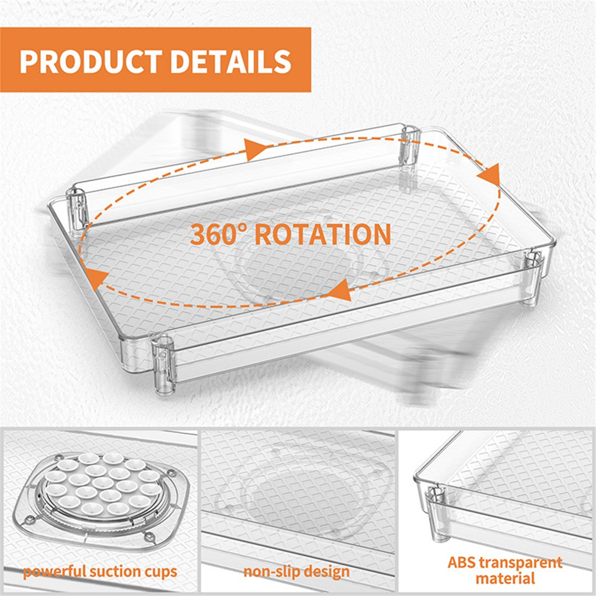 Fridge Turntable Organizer Tray with Suction Cup Transparent Refrigerator Storage Rack 360 Rotatable for Countertop 28x16.3cm
