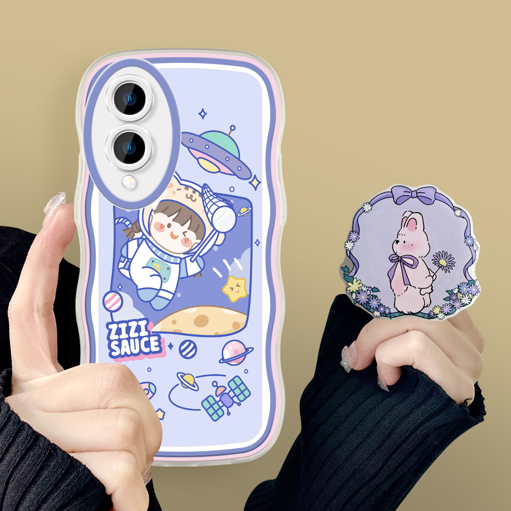 TA for Vivo Y17S Back Cover Cute Space Girl Fashion Wavy Phone Case With Free Holder Camera Protection Transparent TPU Soft Cover