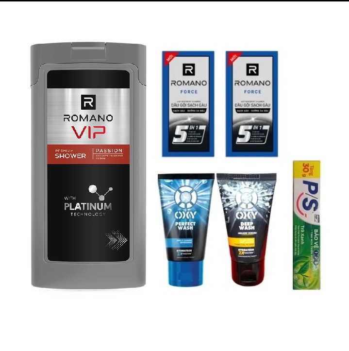 Set 5 món cho nam: gồm 1 chai sữa tắm romano + 2 tuýp sữa rửa mặt oxy 25g + 14 gói dầu gội romano + 1 tuýp kem đánh răng