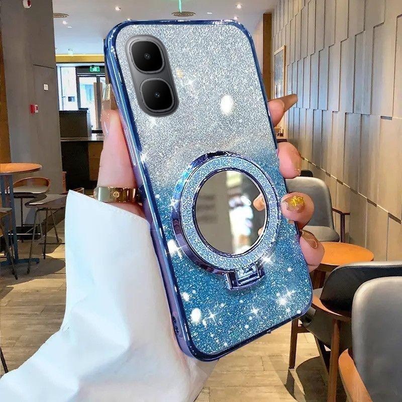 New Phone case infinix Smart10 Plus Back cover with Makeup Mirror Holder Stand Luxury Shiny Gradient Plating Glitter Slim For infinix Smart 10+ case. 