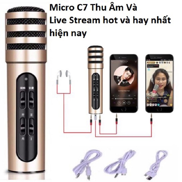 Micro Livestream C7  Thu Âm Hát Karaoke Livestream 3 in 1 Micro Livestream & hát Karaoke C7 Micro thu âm karaoke live stream C7 loại cao cấp kèm tai phone