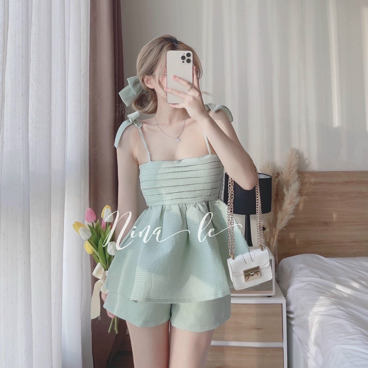 [Miễn phí ship 2022] Set bộ áo hai dây cột dây nơ, set áo xòe xếp ly babydoll,áo hai dây bo chun lưng tôn dáng, quần đùi nữ, đồ bộ đùi nữ chất vải tapta kèm ảnh chụp thật