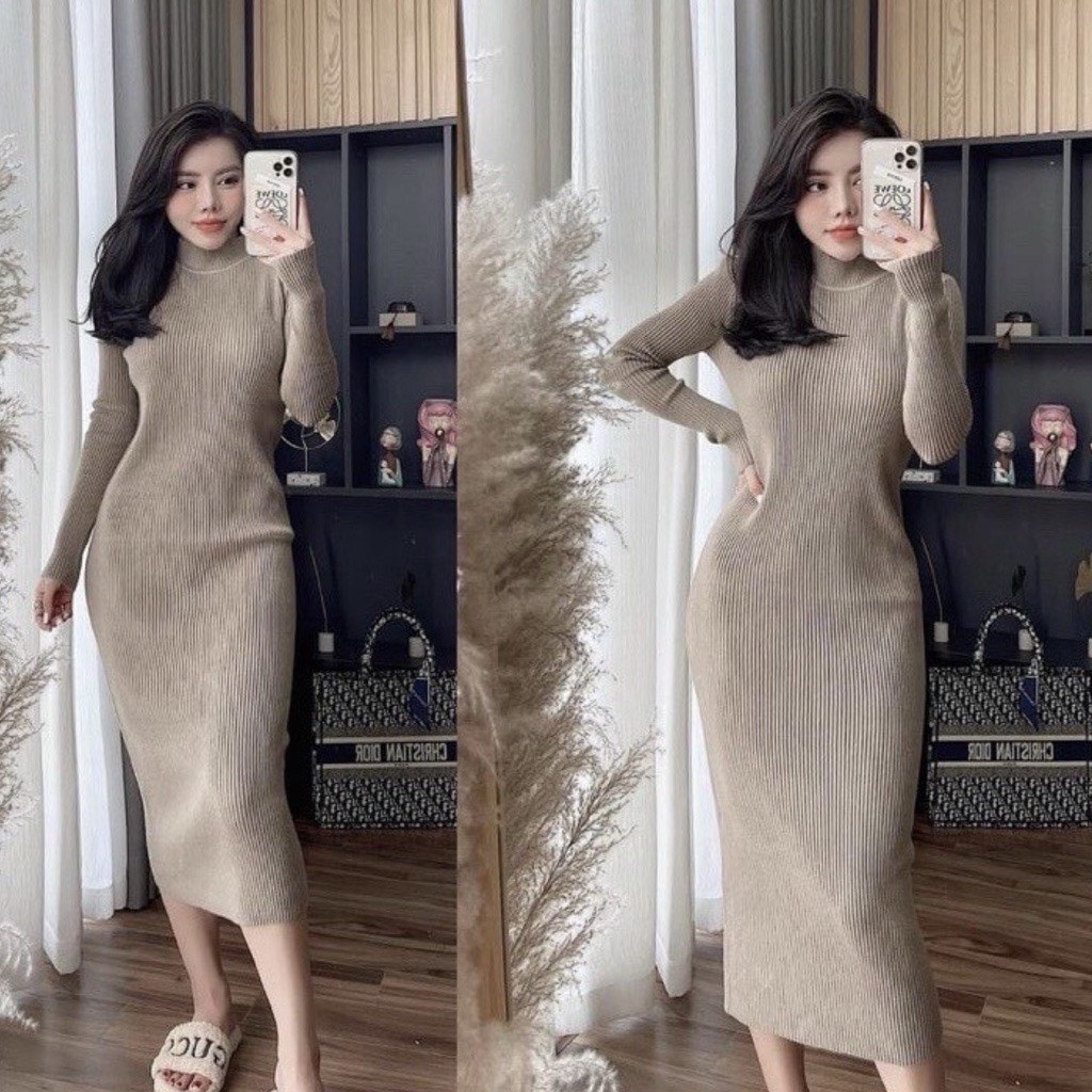 Váy len cổ 3 phân dáng ôm, váy len body chất dày dặn