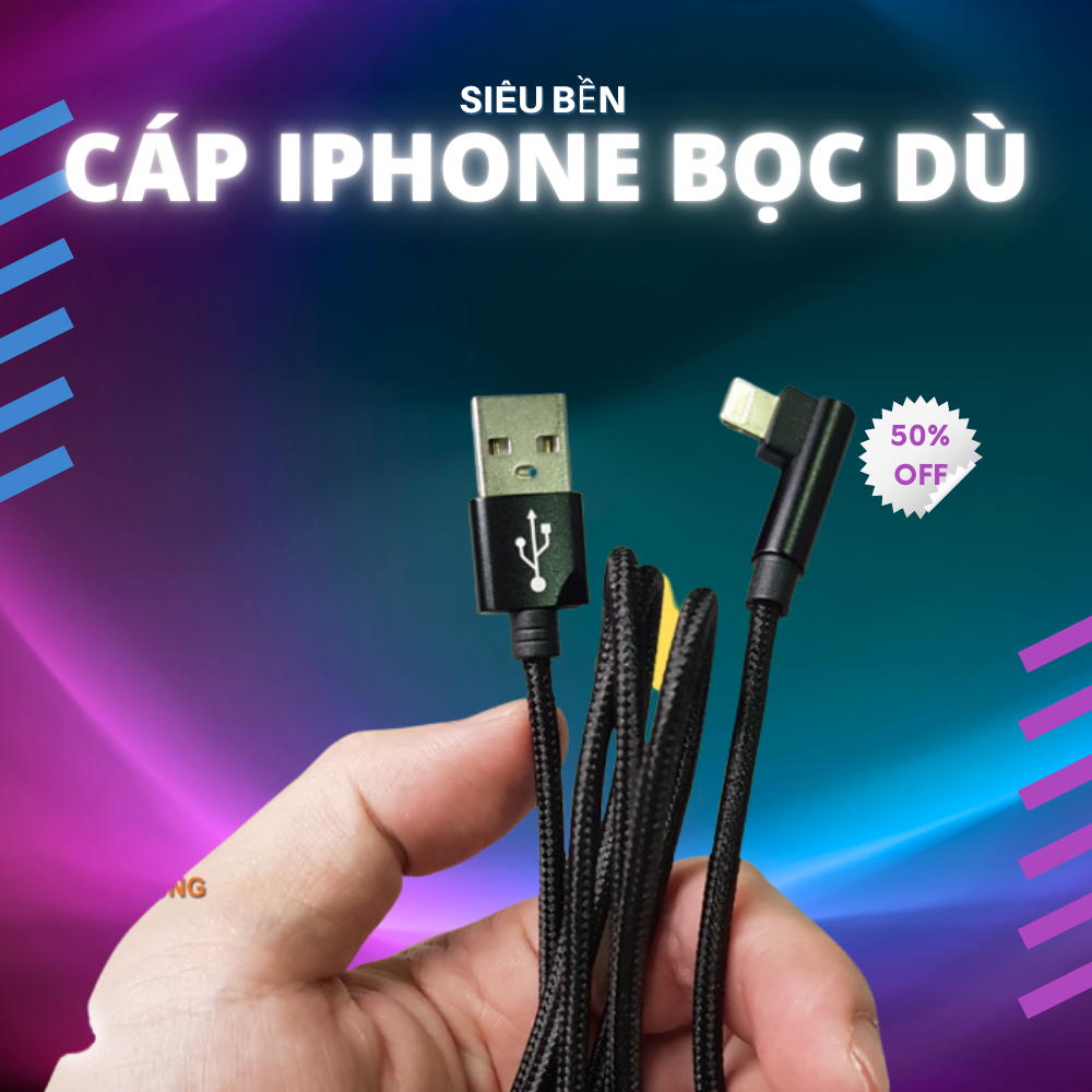 Cáp iphone bọc dù siêu bền 1m, 2m, 3m sạc nhanh