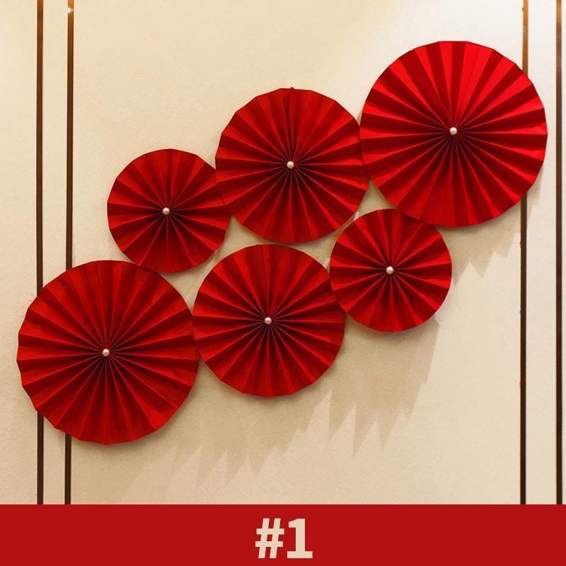Sét 6 quạt giấy đỏ đính hình lân - đính ngọc - hoa mai - chữ hỷ dán tường trang trí oản tết phụ kiện trang trí lễ tết