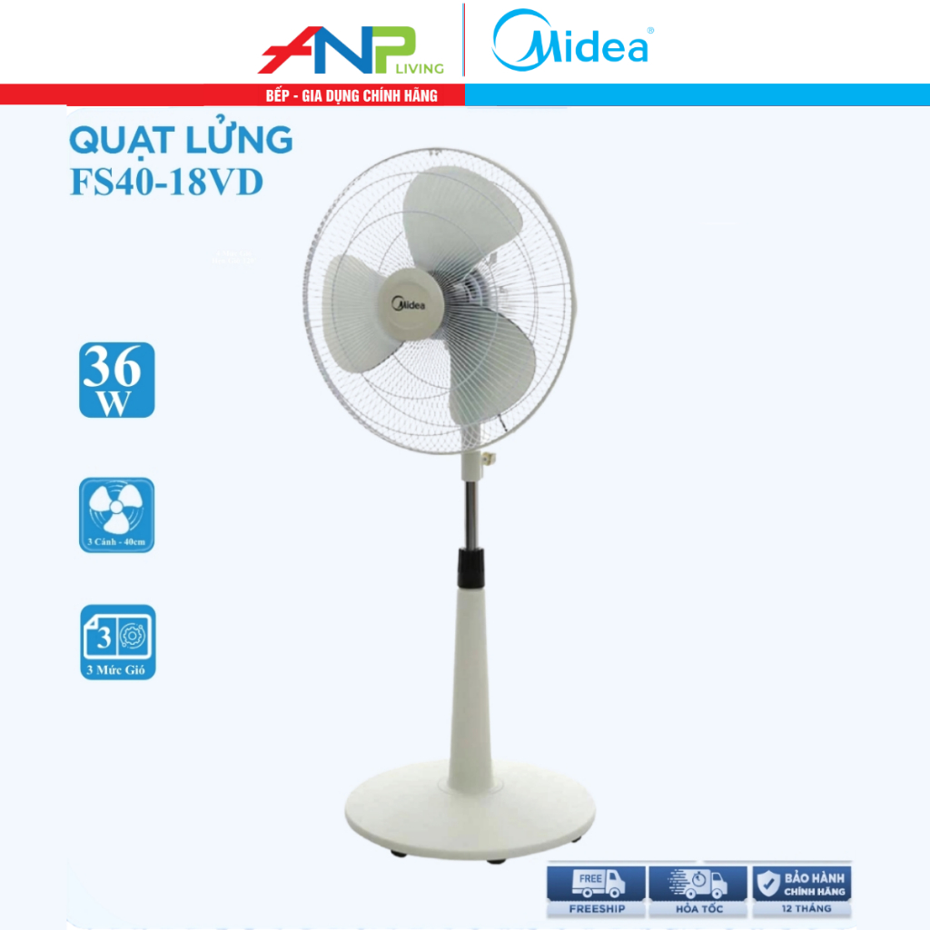 Quạt Đứng, Quạt Cây 3 Cánh Midea FTS40-17VD (Quạt Điện, Quạt Máy Công Suất 36W, Chỉnh Gió 3 Tốc Độ)