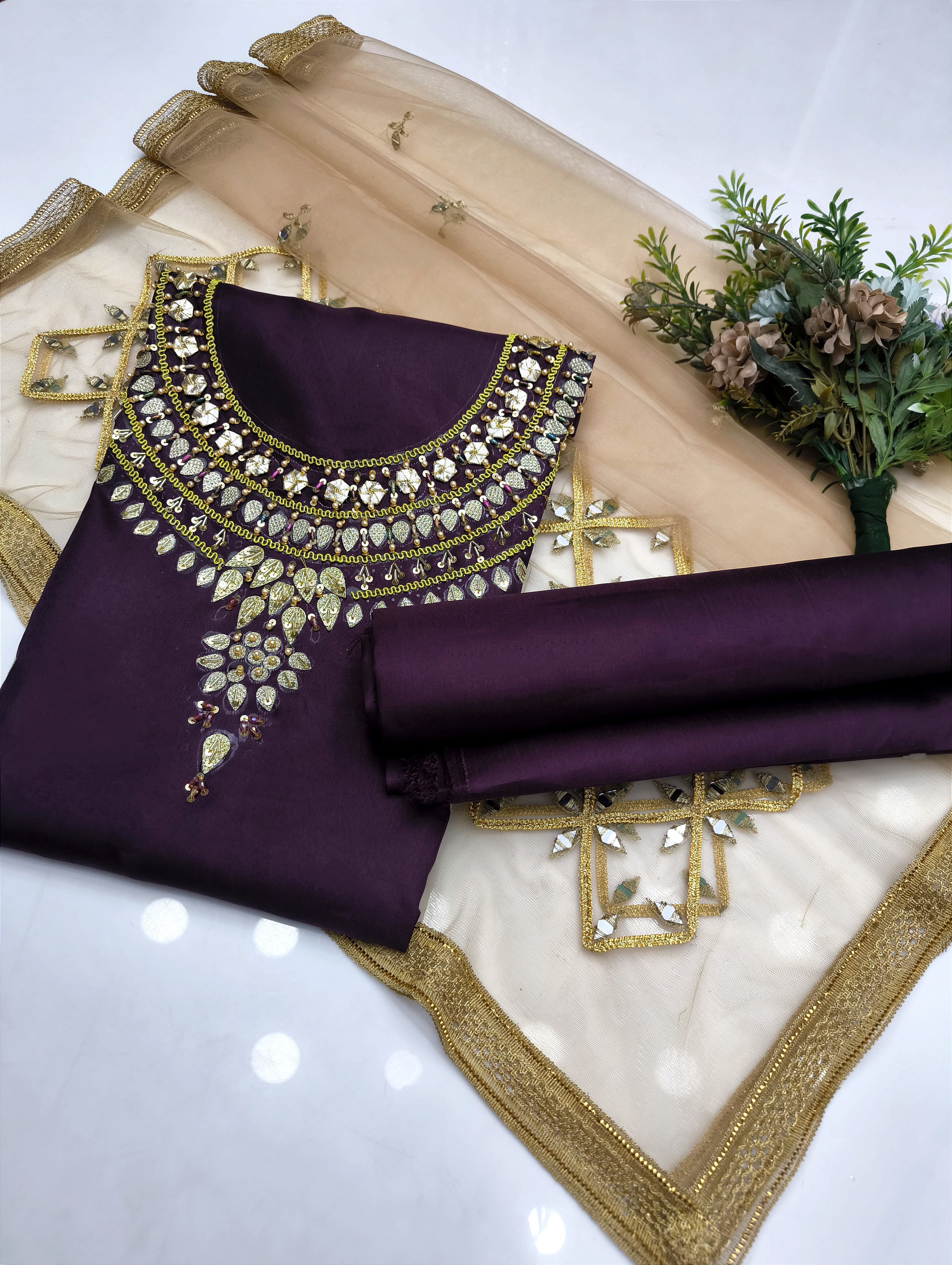 Wedding Dresses for Women - Daraz -  Wedding Collection - Party Wear - Bridal - Handmade Work - Gotta Mooti and Kundan Work Shirt - Net Mirror Bunch Work With 4 Sided Gotta Lace Border Dupatta - Ashrafi Ashrafi - Customized. 