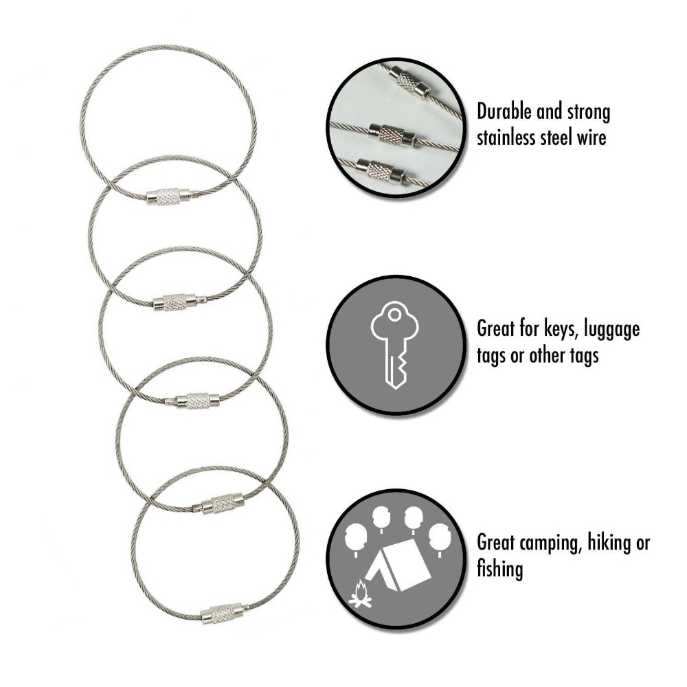 【StyleVoyager】1.5/2mm EDC Keychain Tag Rope Stainless Steel Wire Cable Loop Screw Lock Gadget Ring Key Keyring Circle Camp Hanging Tool. 
