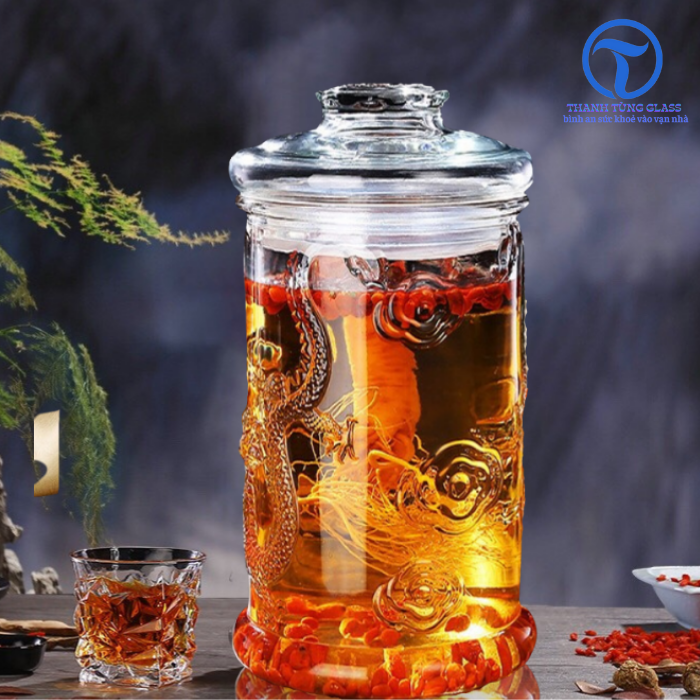 Bình Ngâm Sâm Thủy Tinh 5 Lít Hoa Văn Rồng - Không Van