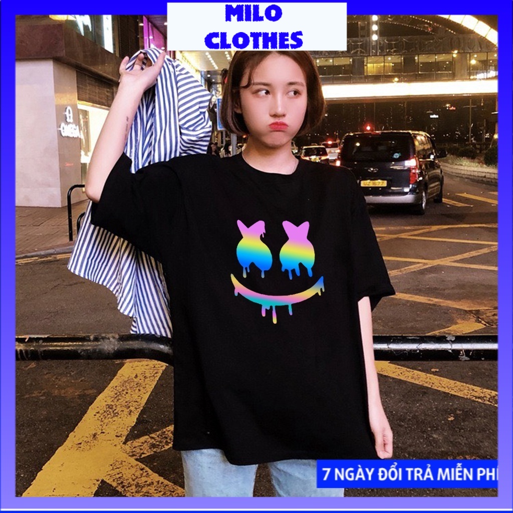 Áo Thun Unisex Tay Lỡ Phản Quang Mặt Cười Marshmello Cotton Dày Dặn